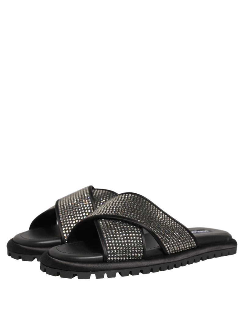 Dolce & Gabbana Black Strass Criss Cross Slide Sandals
