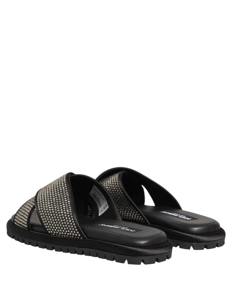 Dolce & Gabbana Black Strass Criss Cross Slide Sandals