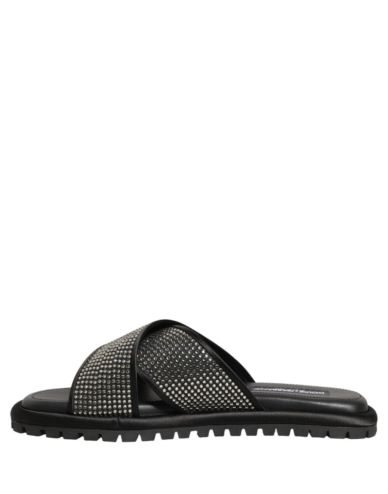 Dolce & Gabbana Black Strass Criss Cross Slide Sandals