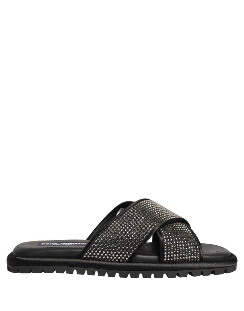 Dolce & Gabbana Black Strass Criss Cross Slide Sandals