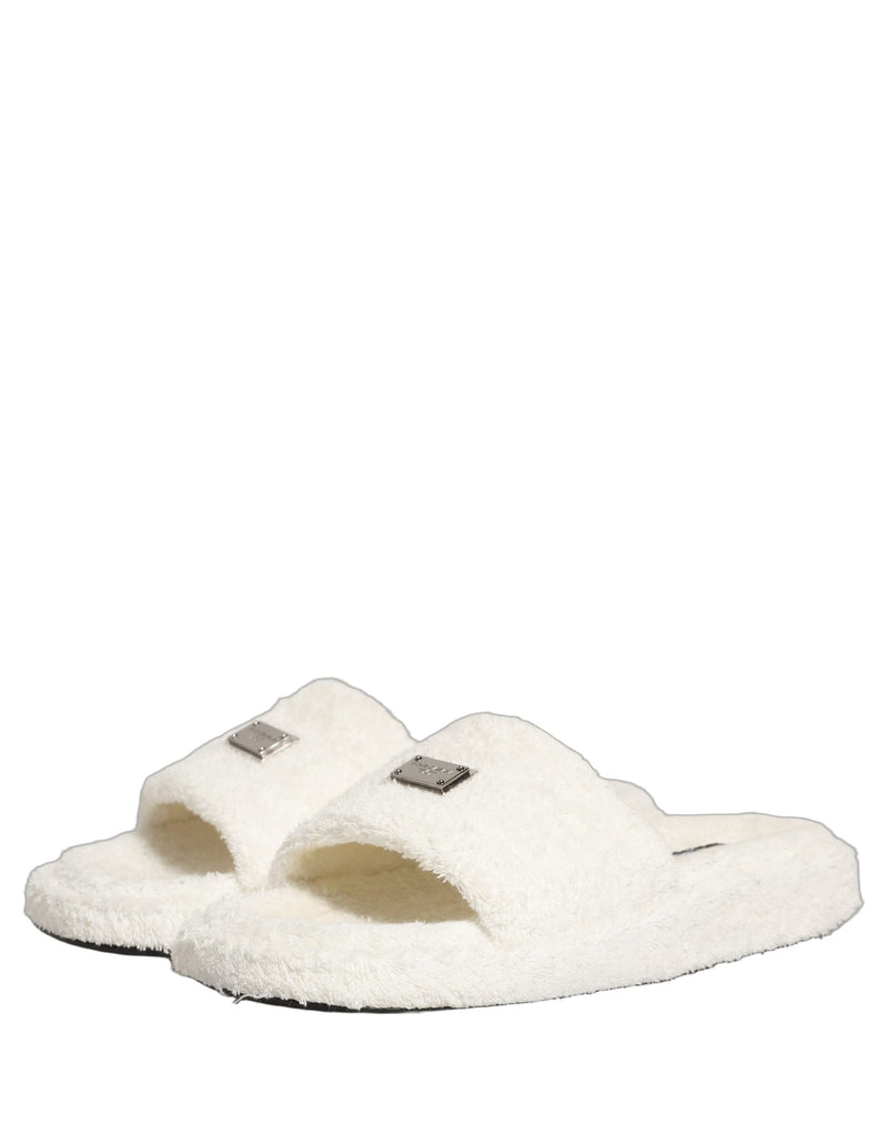 Dolce & Gabbana White Faux Fur Flats Sandals for Men