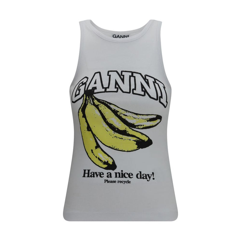 Ganni White Cotton Sleeveless T-Shirt with Banana Graphic