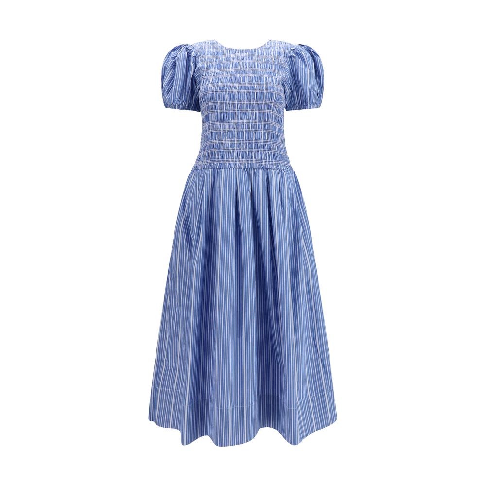 Ganni Blue Cotton Casual Dress with Puff Sleeves