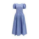 Ganni Blue Cotton Casual Dress with Puff Sleeves
