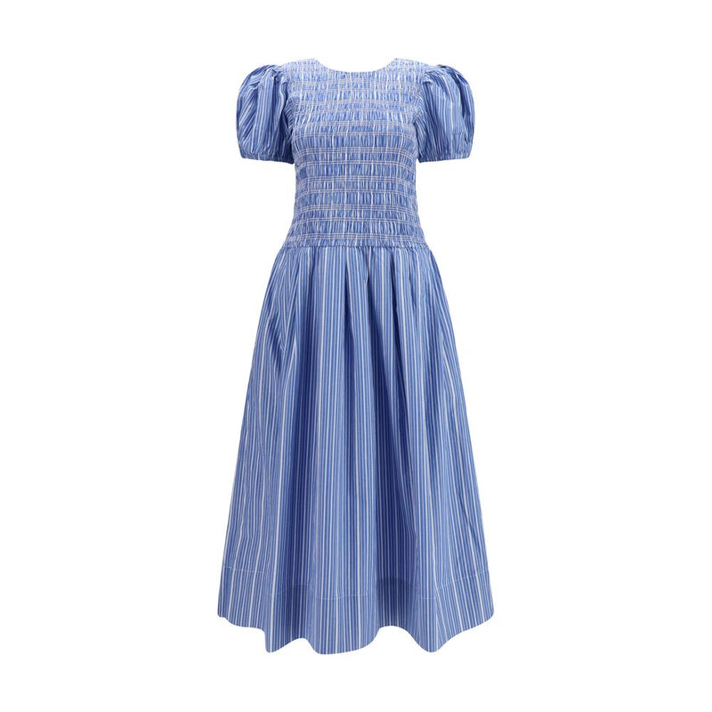 Ganni Blue Cotton Casual Dress with Puff Sleeves