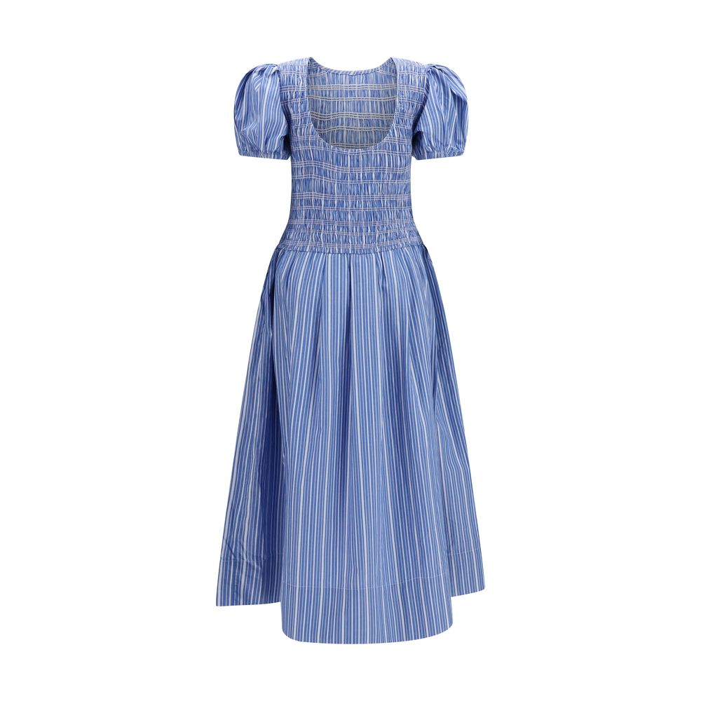 Ganni Blue Cotton Casual Dress with Puff Sleeves