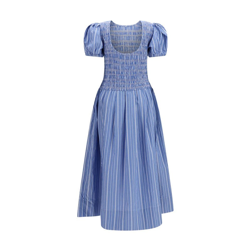 Ganni Blue Cotton Casual Dress with Puff Sleeves
