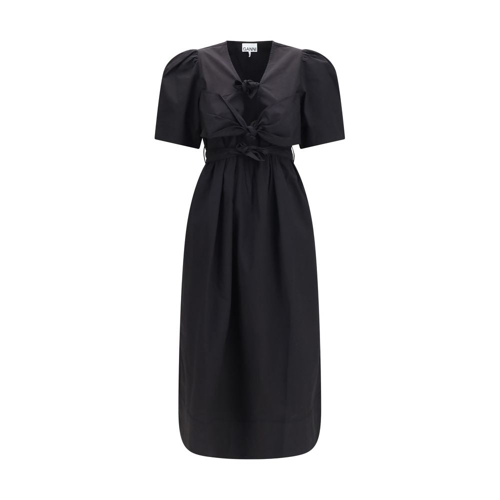Ganni Black Cotton Midi Dress with Bows and Puff Shoulders