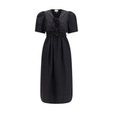 Ganni Black Cotton Midi Dress with Bows and Puff Shoulders