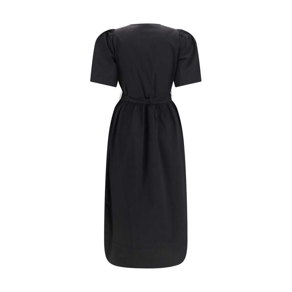 Ganni Black Cotton Midi Dress with Bows and Puff Shoulders