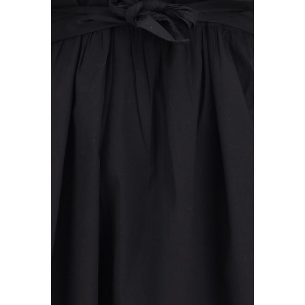 Ganni Black Cotton Midi Dress with Bows and Puff Shoulders