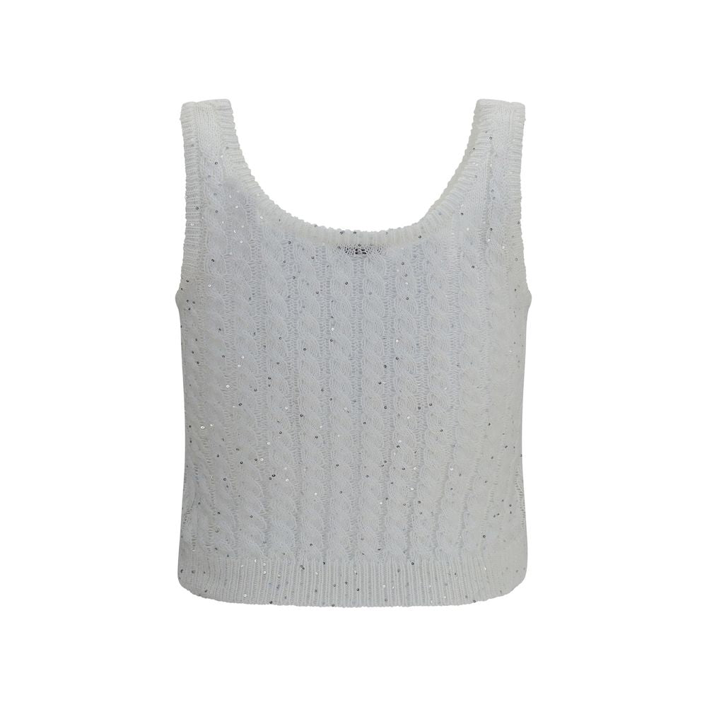 Brunello Cucinelli White Linen Tank Top with Sequins