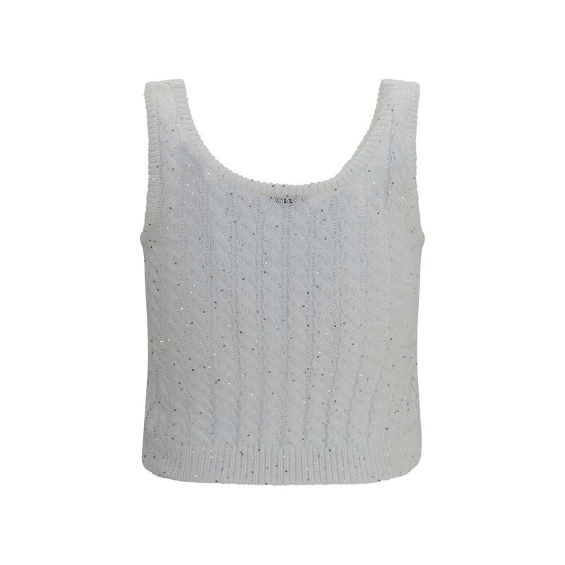 Brunello Cucinelli White Linen Tank Top with Sequins