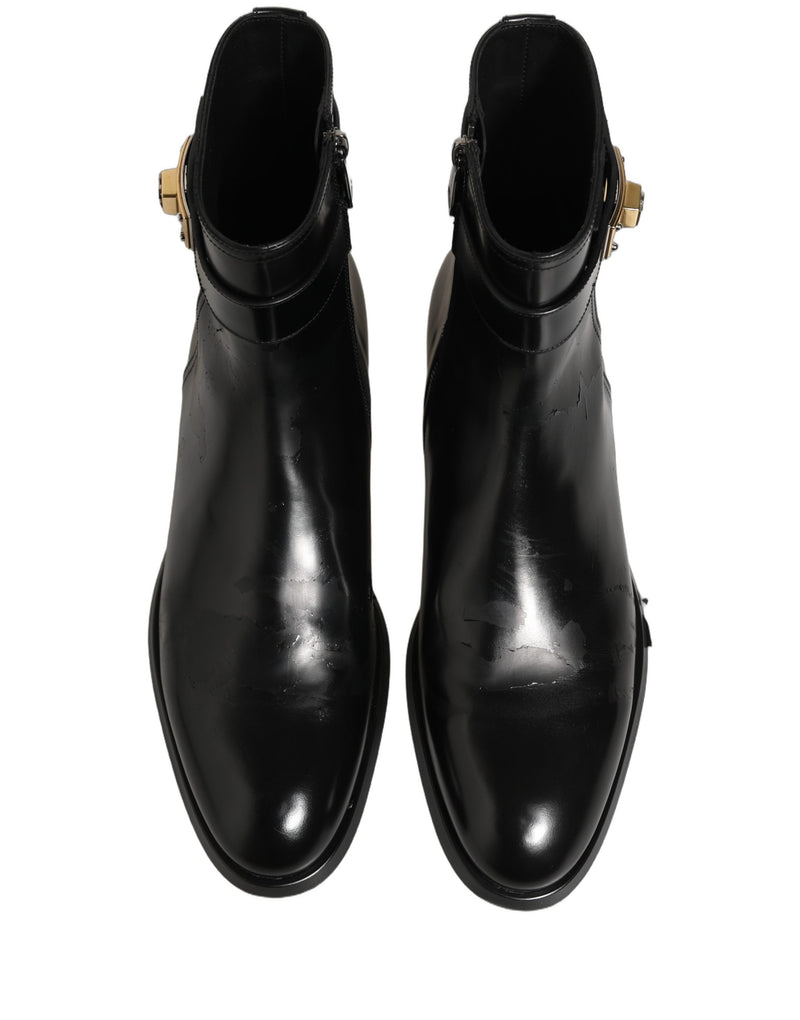Dolce & Gabbana Black Leather Logo Buckle Mid Calf Boots