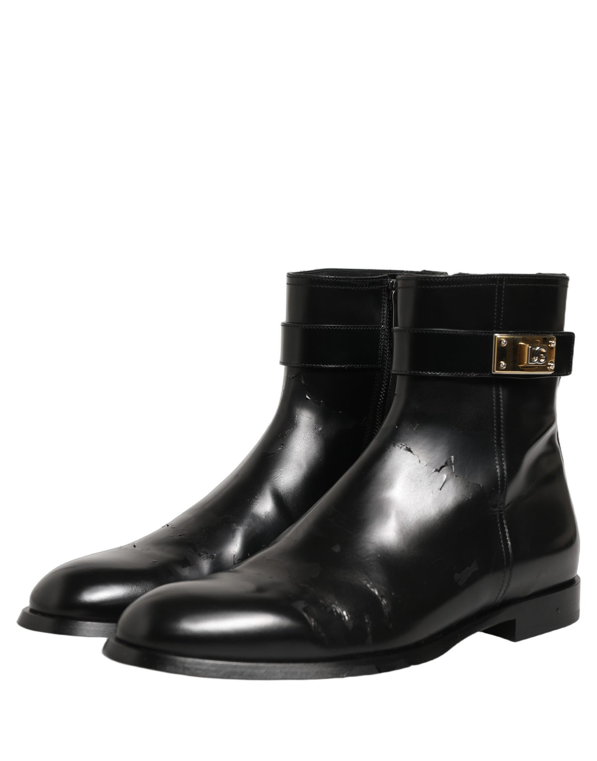 Dolce & Gabbana Black Leather Logo Buckle Mid Calf Boots