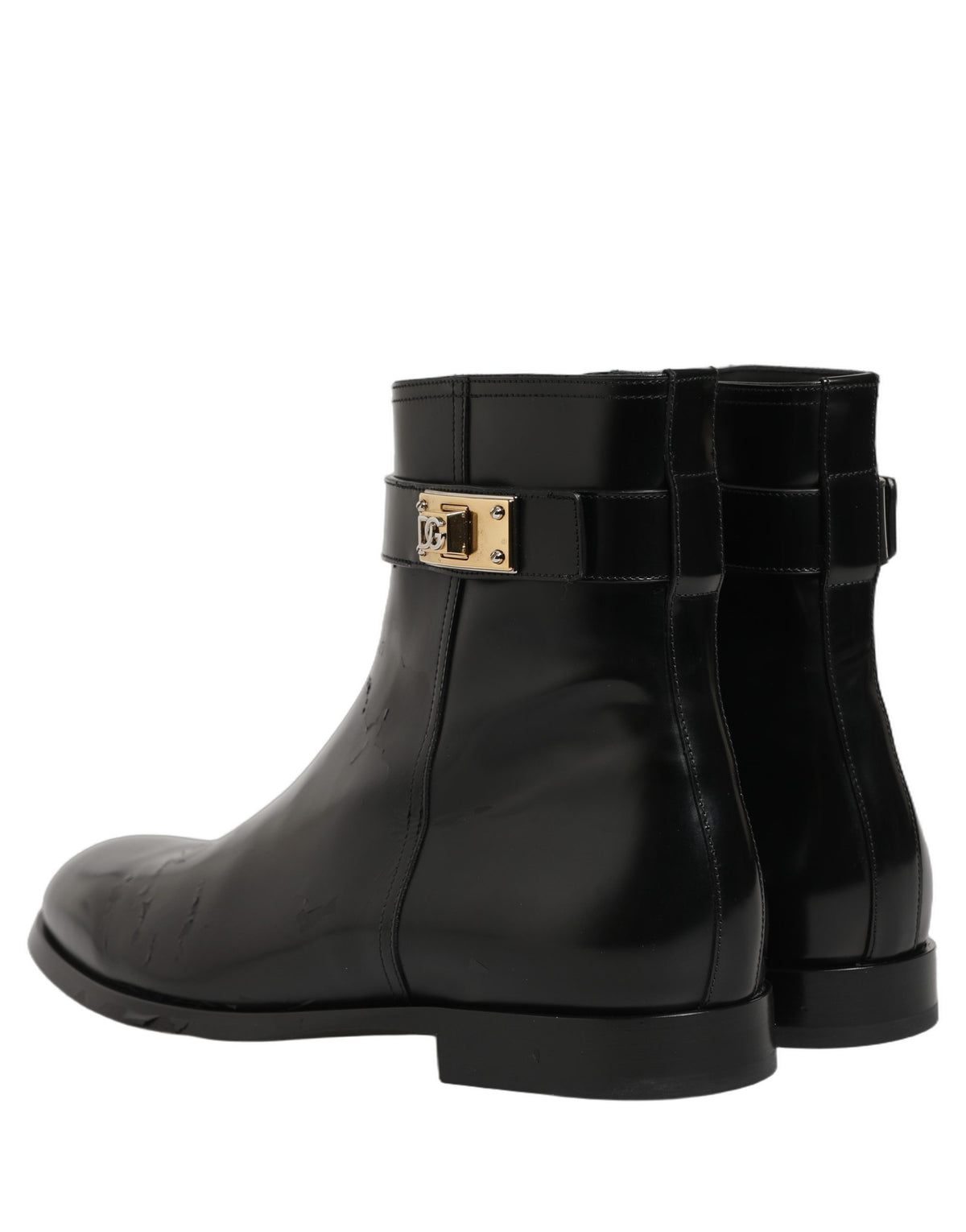 Dolce & Gabbana Black Leather Logo Buckle Mid Calf Boots