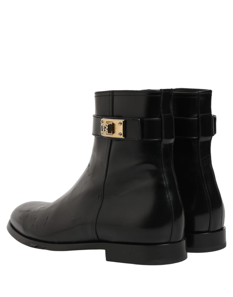 Dolce & Gabbana Black Leather Logo Buckle Mid Calf Boots