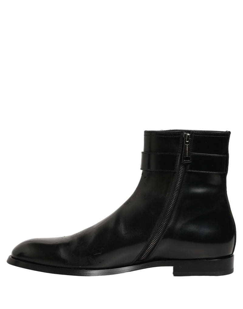 Dolce & Gabbana Black Leather Logo Buckle Mid Calf Boots