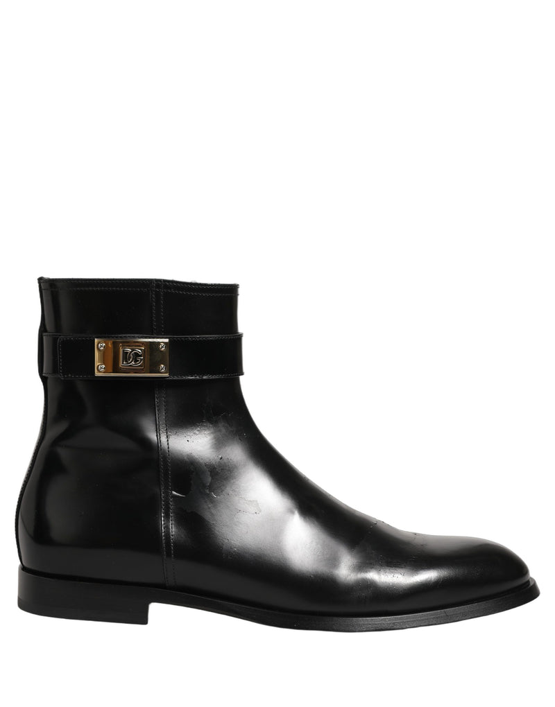 Dolce & Gabbana Black Leather Logo Buckle Mid Calf Boots