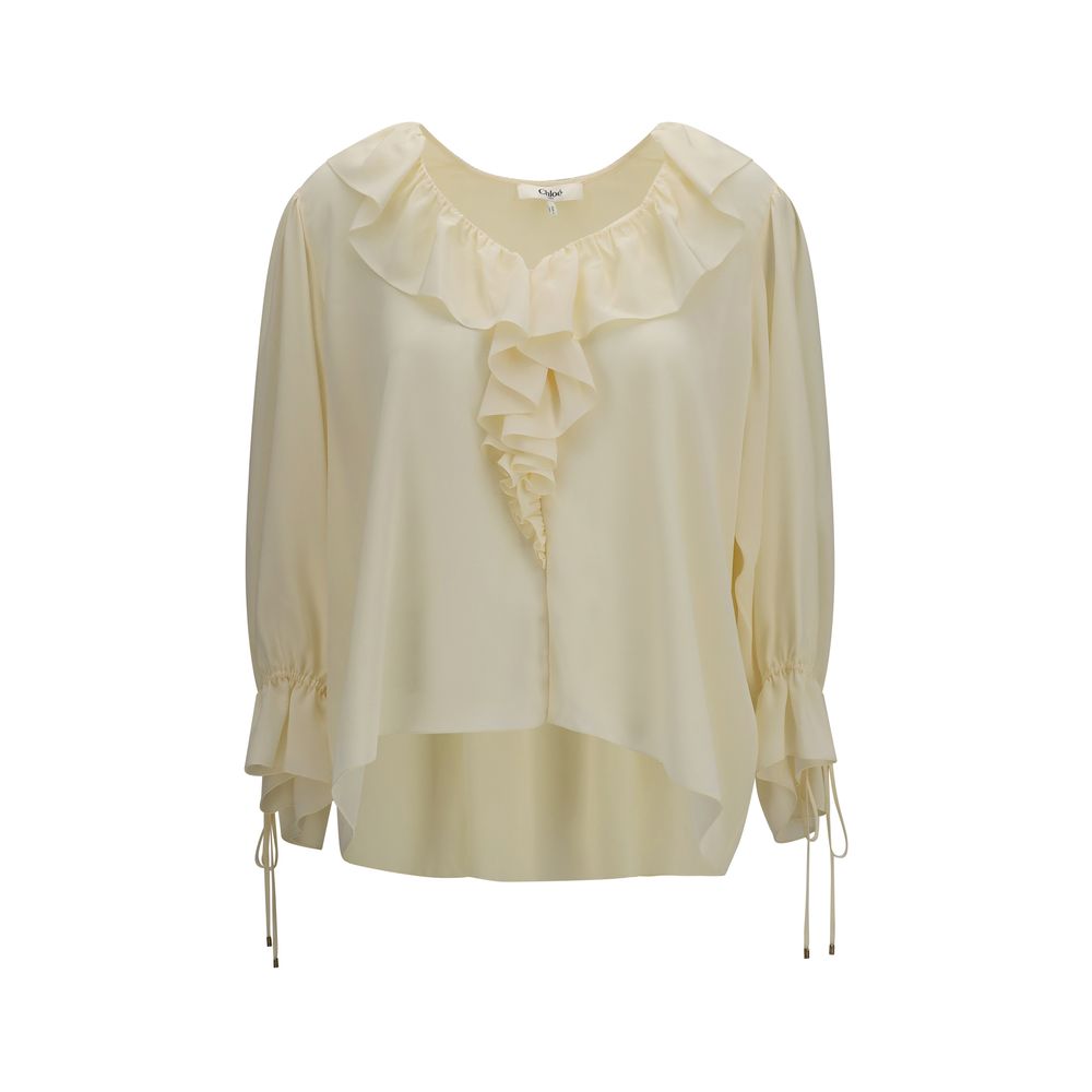 Chloé Beige Silk Blouse with Ruffled V-Neck