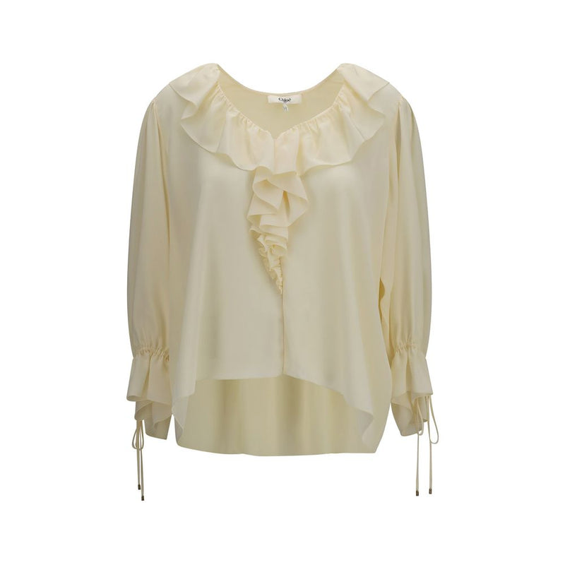 Chloé Beige Silk Blouse with Ruffled V-Neck