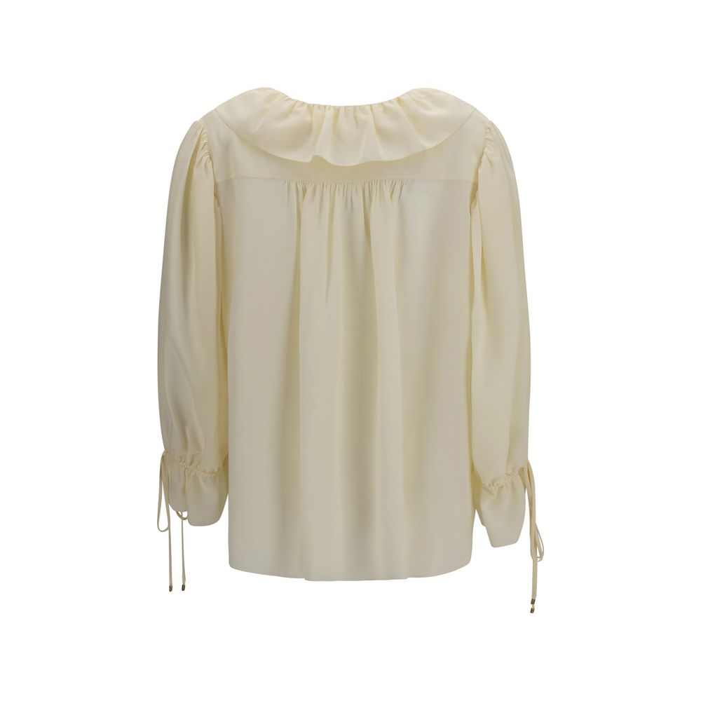 Chloé Beige Silk Blouse with Ruffled V-Neck