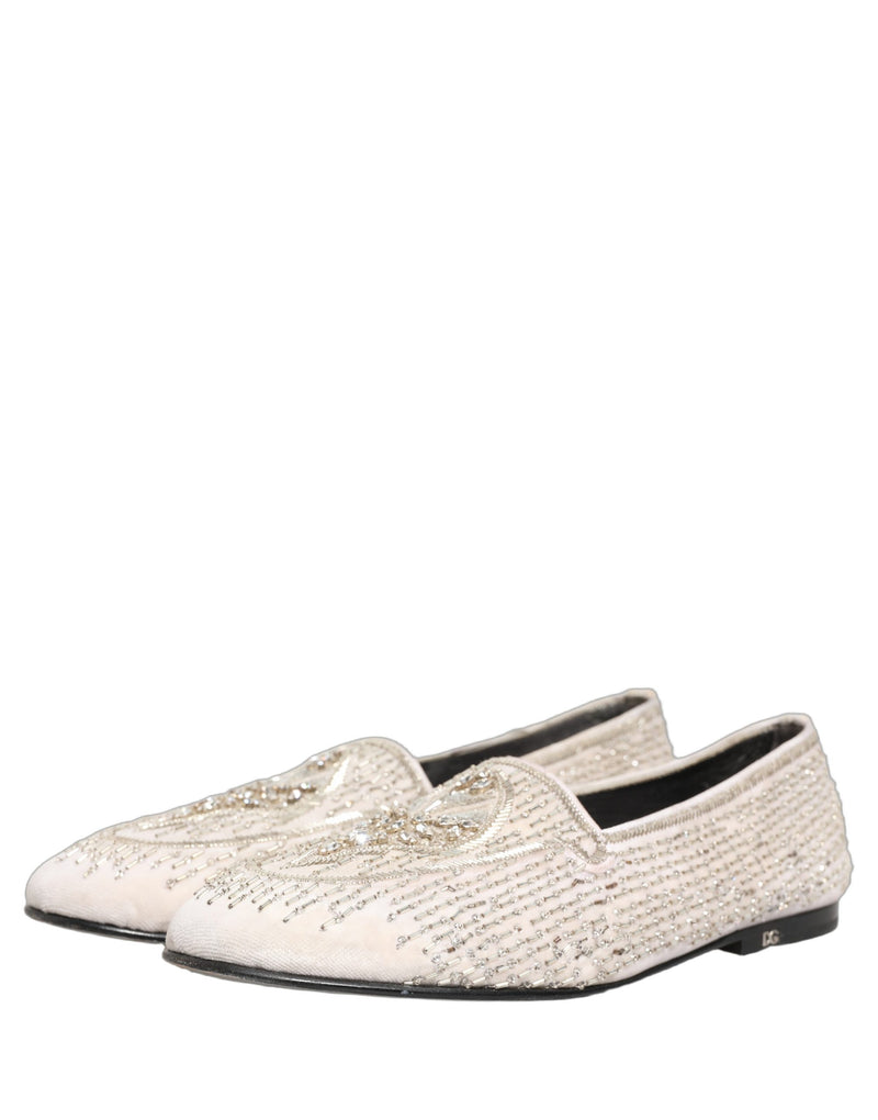 Dolce & Gabbana White Satin Embellished Dress Loafers