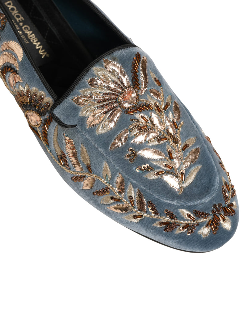 Dolce & Gabbana Blue Velvet Embellished Dress Loafers