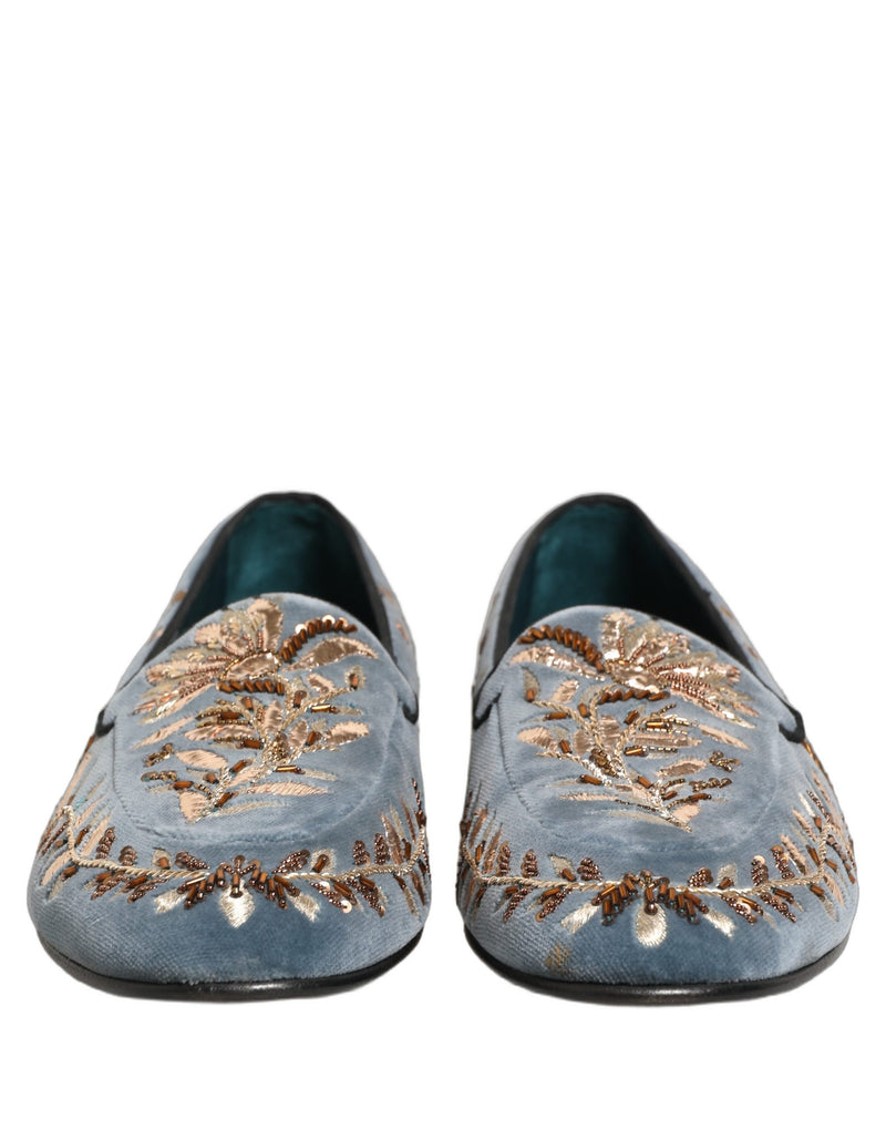 Dolce & Gabbana Blue Velvet Embellished Dress Loafers