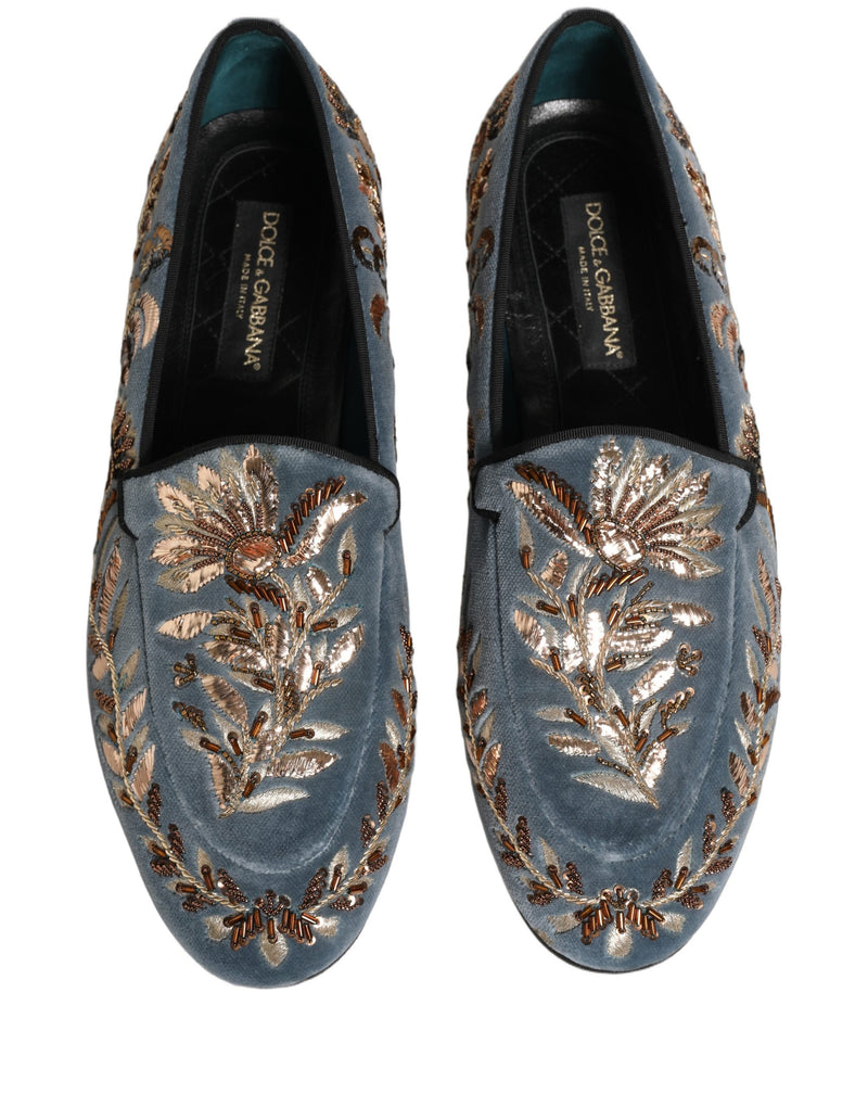 Dolce & Gabbana Blue Velvet Embellished Dress Loafers