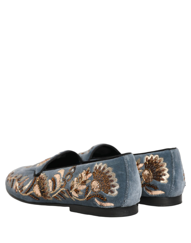 Dolce & Gabbana Blue Velvet Embellished Dress Loafers