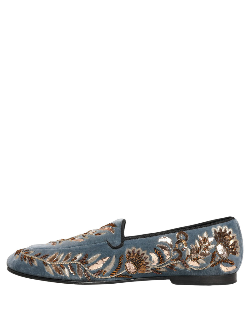 Dolce & Gabbana Blue Velvet Embellished Dress Loafers