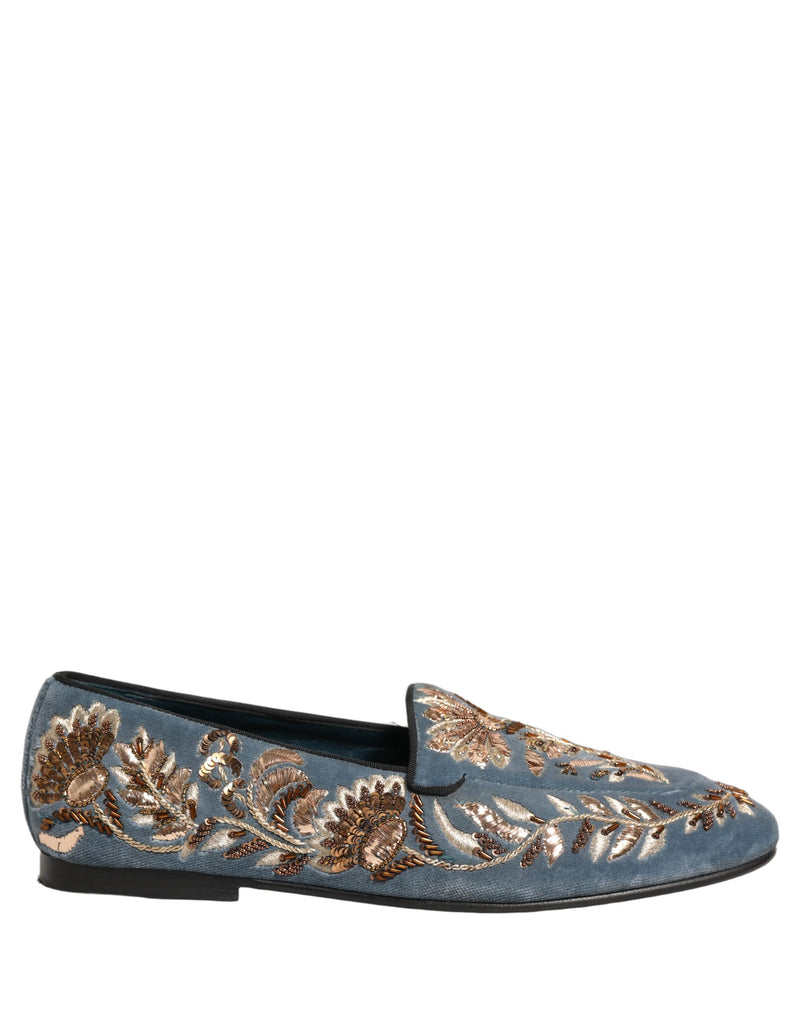 Dolce & Gabbana Blue Velvet Embellished Dress Loafers