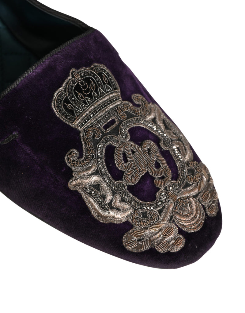 Dolce & Gabbana Purple Velvet Crown Embroidery Loafers