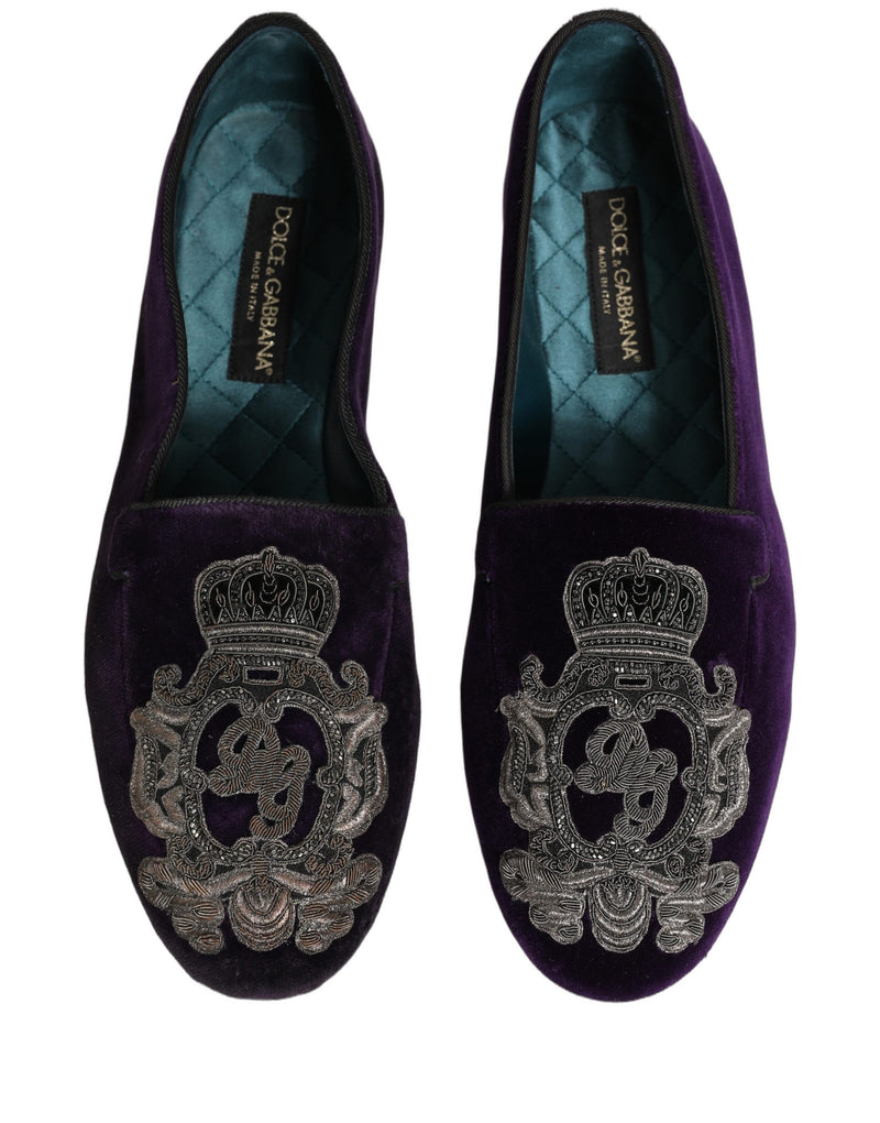 Dolce & Gabbana Purple Velvet Crown Embroidery Loafers