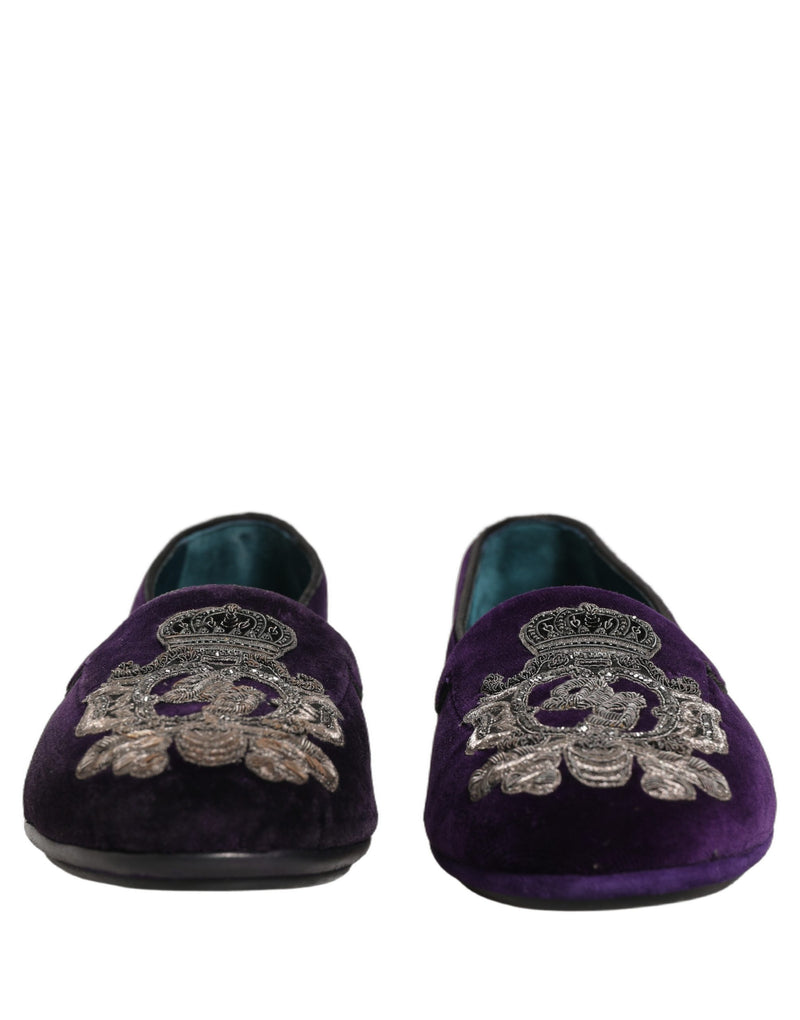 Dolce & Gabbana Purple Velvet Crown Embroidery Loafers