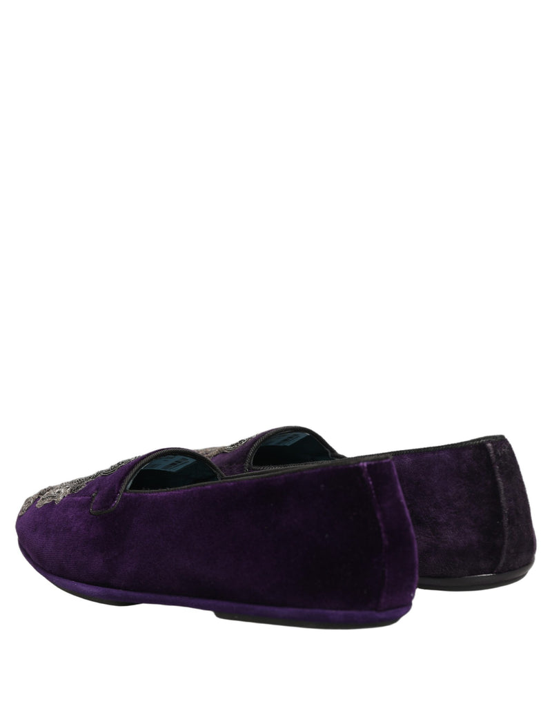 Dolce & Gabbana Purple Velvet Crown Embroidery Loafers