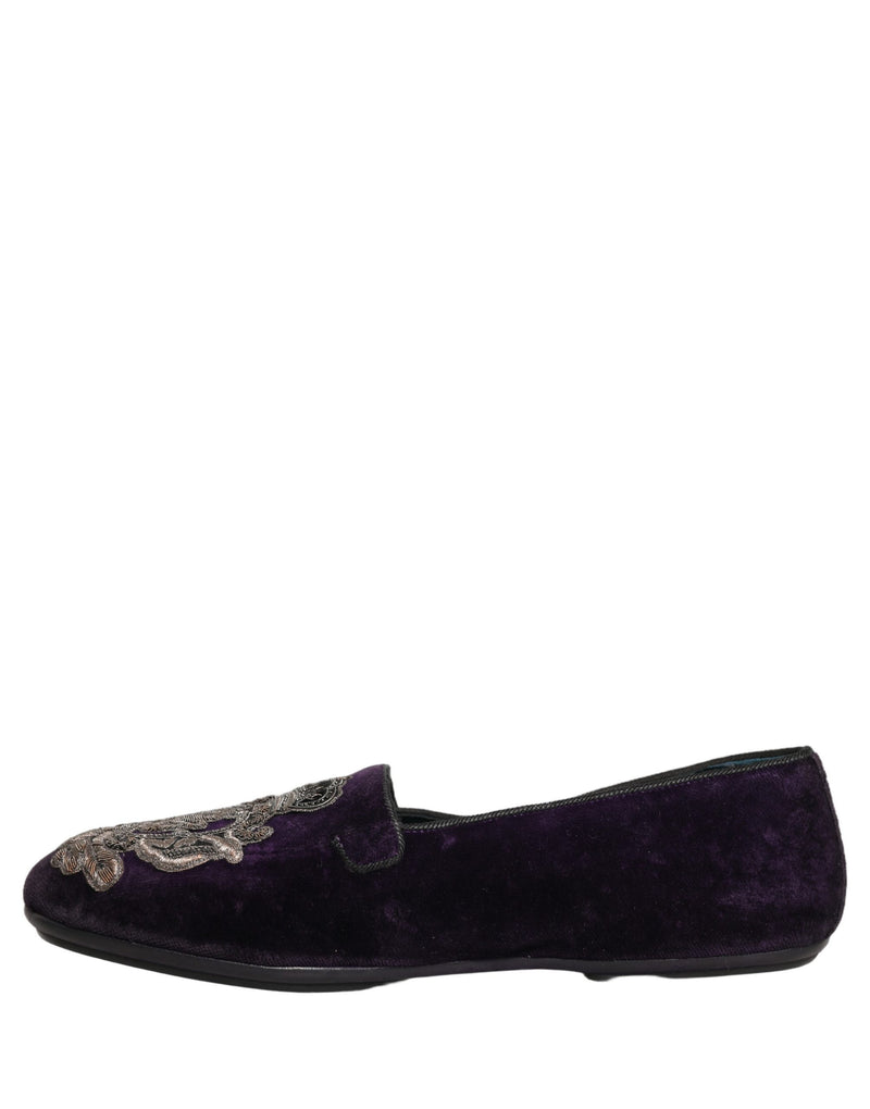 Dolce & Gabbana Purple Velvet Crown Embroidery Loafers