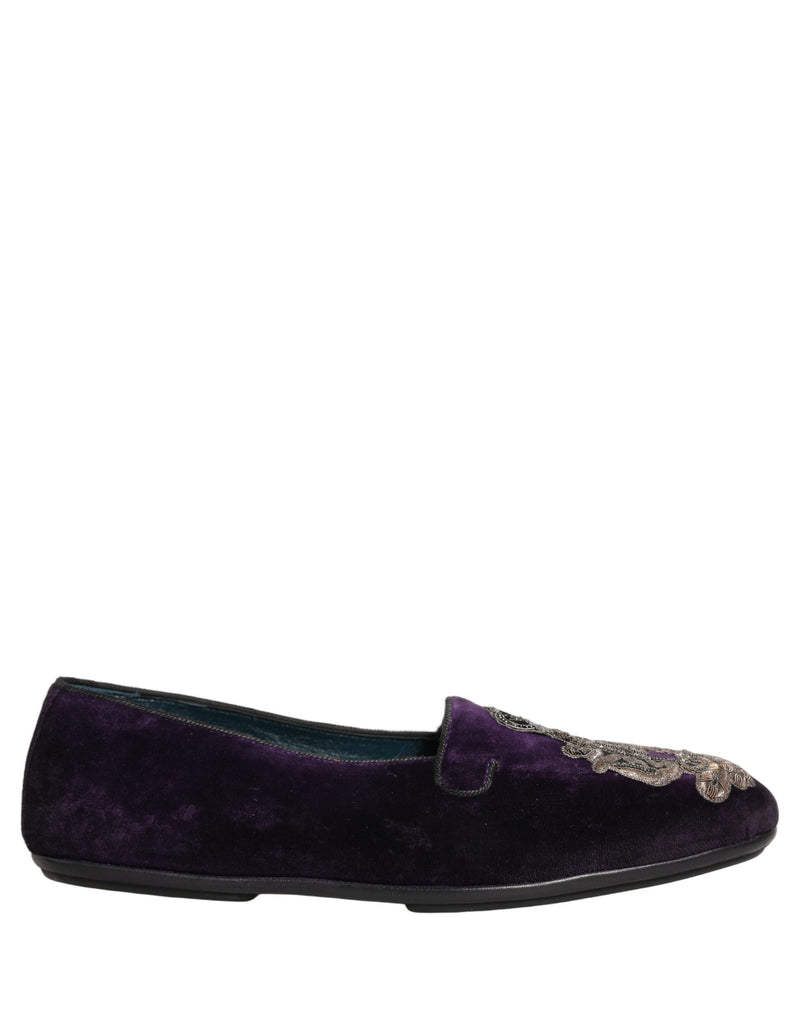 Dolce & Gabbana Purple Velvet Crown Embroidery Loafers