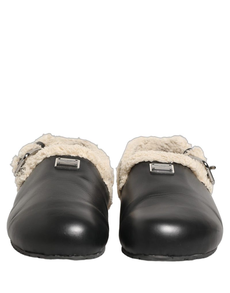 Dolce & Gabbana Beige Black Faux Fur Slides Sandals
