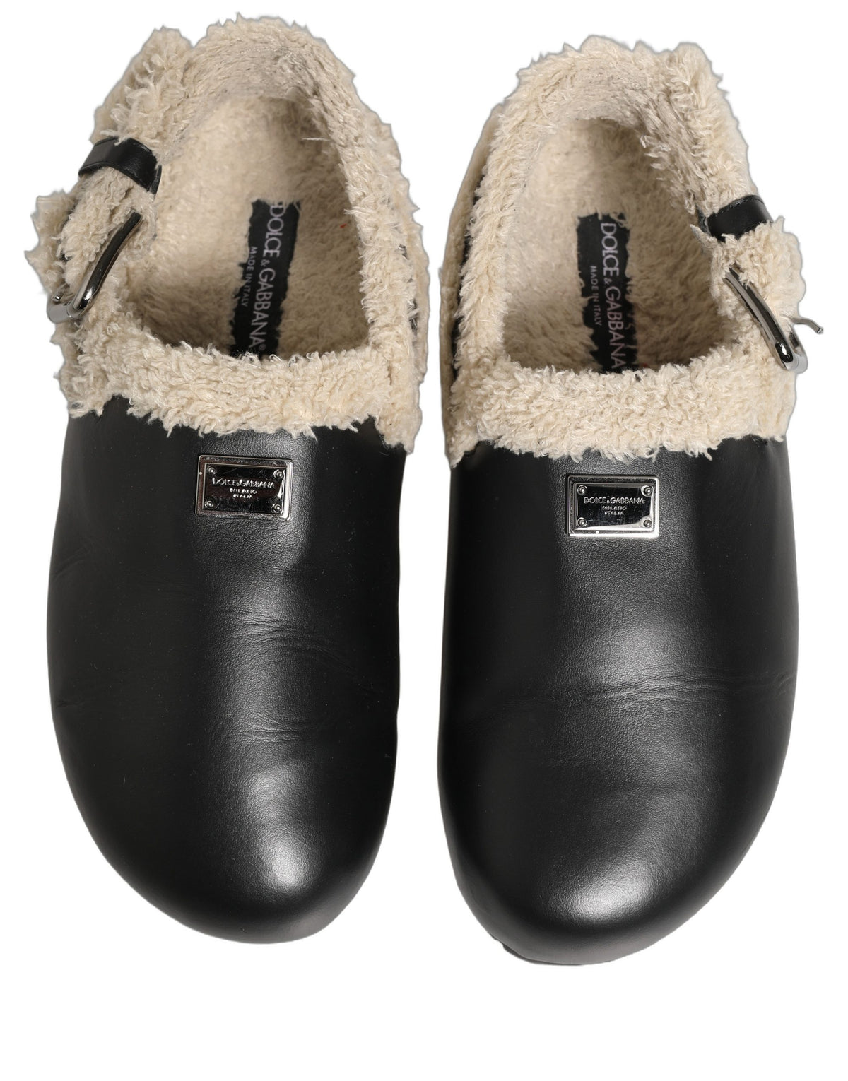 Dolce & Gabbana Beige Black Faux Fur Slides Sandals Shoes