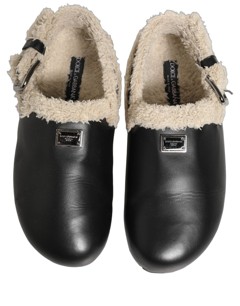 Dolce & Gabbana Beige Black Faux Fur Slides Sandals