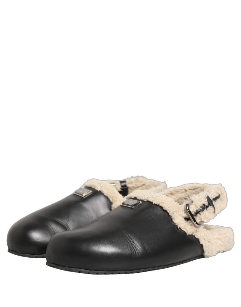 Dolce & Gabbana Beige Black Faux Fur Slides Sandals