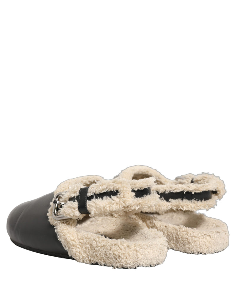 Dolce & Gabbana Beige Black Faux Fur Slides Sandals