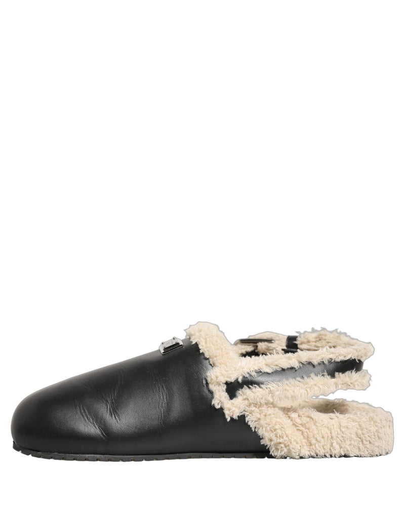 Dolce & Gabbana Beige Black Faux Fur Slides Sandals