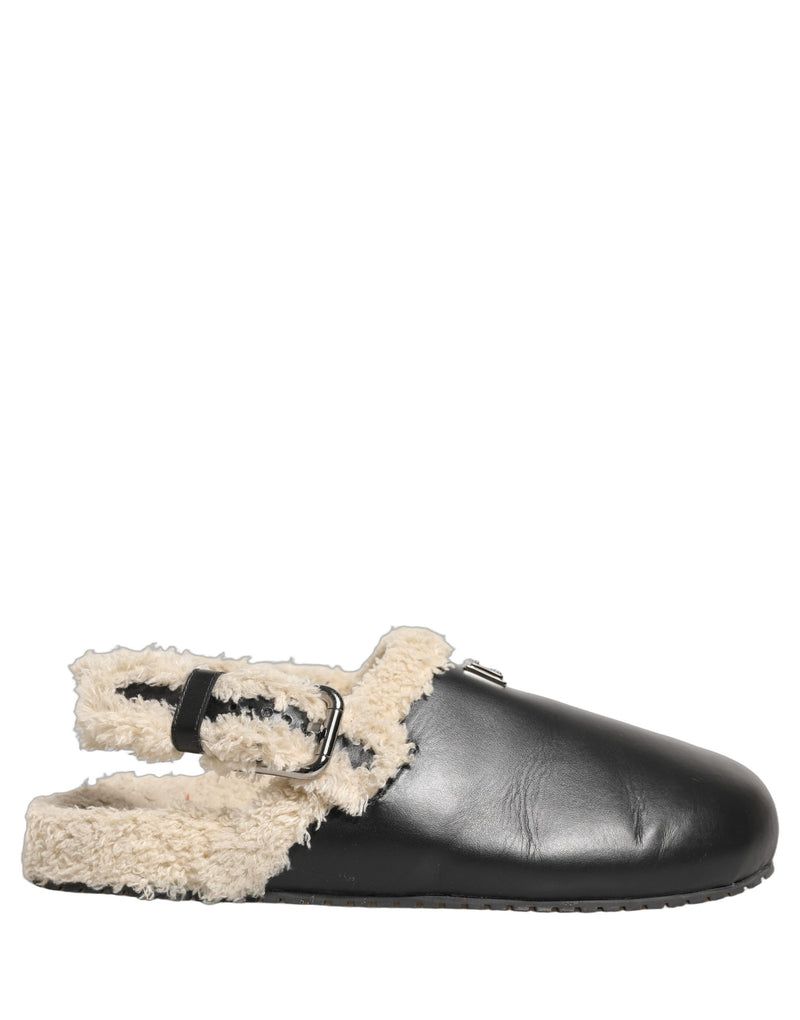 Dolce & Gabbana Beige Black Faux Fur Slides Sandals
