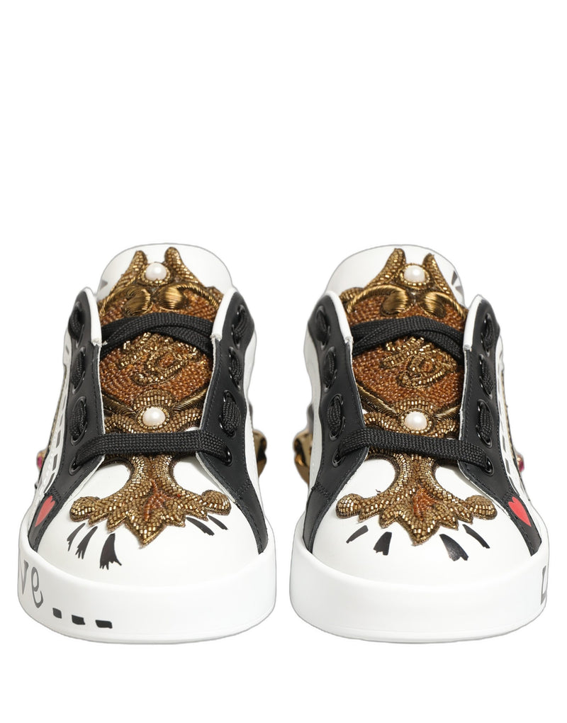 Dolce & Gabbana White Gold Studded Portofino Sneakers
