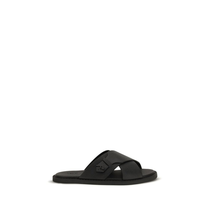 Fendi Black Calf Leather Bos Taurus Flat Sandals
