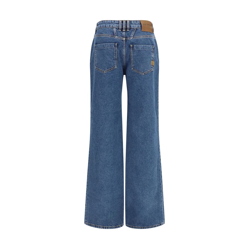 Balmain Blue Cotton Wide-Leg Jeans for Women