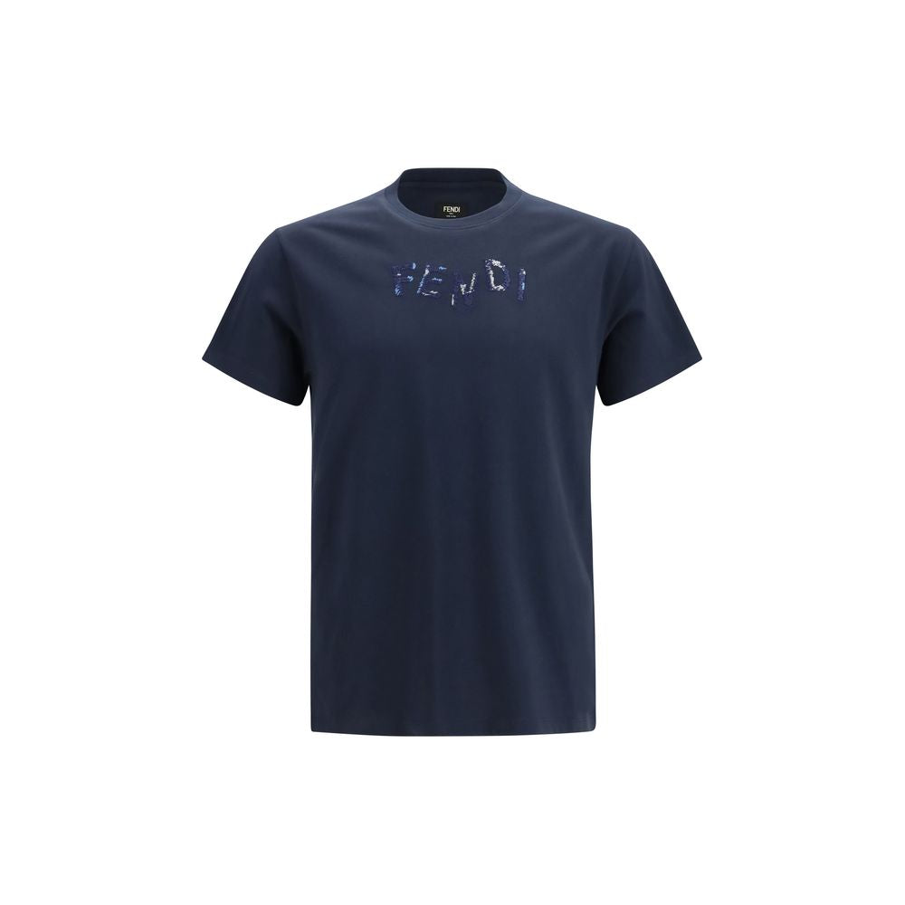 Fendi Blue Cotton T-Shirt with Asymmetric Logo